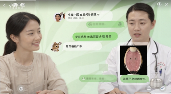 小鹿中医 在线问诊聊天界面特写 画面展示患者与中医师的图文对话气泡 包含舌苔照片上传区域 背景为柔和的浅绿色渐变