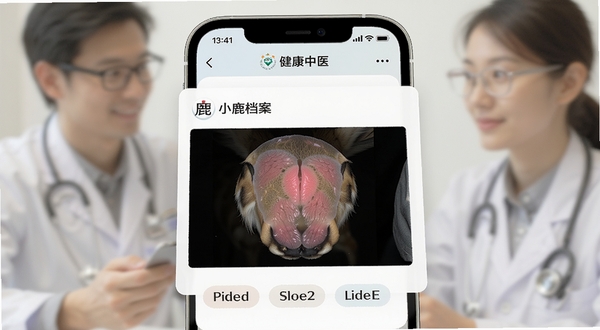 小鹿中医 健康档案页面展示 手机屏幕显示舌象照片记录与病史标签 背景虚化处理 突出档案卡片