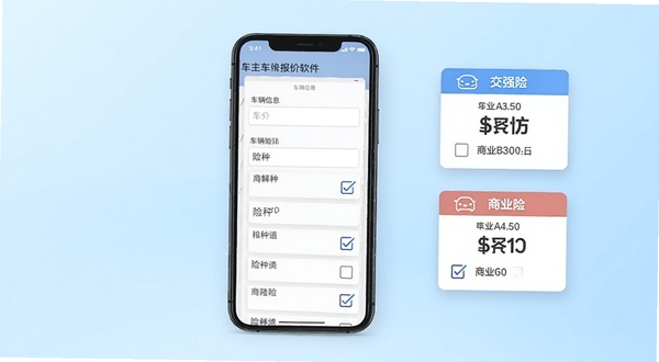 车主车险报价查软件界面截图风格,画面中心为手机屏幕展示多维度报价测算表单,车辆信息输入框与险种勾选项排列整齐,背景为浅蓝色渐变,右侧漂浮着交强险与商业险的报价卡片,画面干净整洁,强调功能实用性