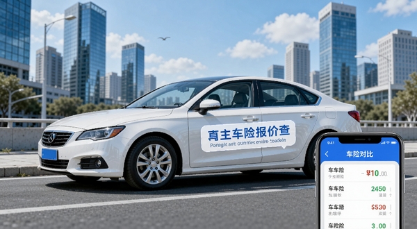 画面中央是一辆白色家用轿车停在城市道路旁,车身侧面带有车主车险报价查的虚拟标识,背景是蓝天白云下的现代化都市楼群,画面右下角展示手机屏幕中车险报价对比列表的界面轮廓,整体风格简洁明亮,适合作为软件介绍配图