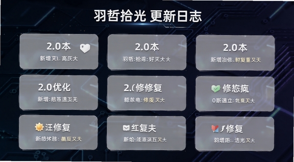 羽哲拾光更新日志展示图,画面主体为版本更新卡片列表,卡片上标注2.0版本号及新增、优化、修复三类标签,背景为深色科技感渐变,突出迭代记录,适配Boogu模型生成