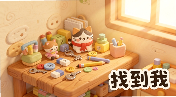 整体画面采用明亮温暖的卡通插画风格,画面中央是一个堆满各种小物件的木质桌面,有钥匙、纽扣、橡皮擦、小玩偶、铅笔等,其中一只戴着红色围巾的小猫玩偶藏在角落,画面右下角用圆润可爱的字体写着“找到我”,背景是柔和的米黄色墙面与一扇透光的窗户,整体氛围轻松治愈,适配Boogu模型生成