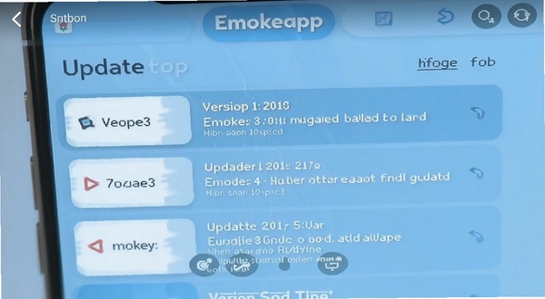 Emokeapp �汾���½����ͼ������չʾ�ֻ���Ļ����ʾ Emokeapp �ĸ�����־�б��������汾�ź͸���������Ŀ������Ϊ����ɫ��ͻ�����¼�¼����������