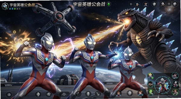 奥特曼宇宙英雄公会战场景,三位奥特曼并肩作战对抗巨型怪兽,宇宙空间站背景,技能光效交织,多人在线游戏画面风格
