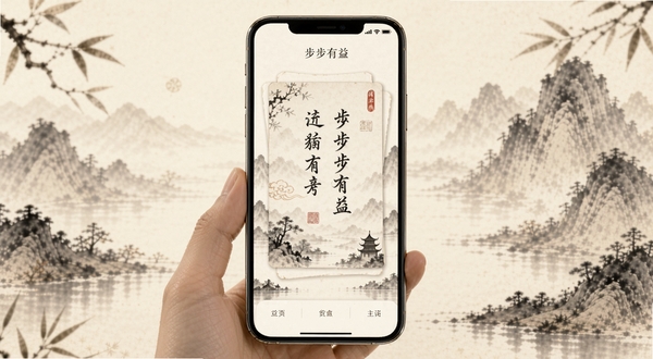 步步有益 软件主界面 手机屏幕展示 古风诗词卡片 水墨山水背景 柔和的暖色调 书卷气息 极简排版 中文界面