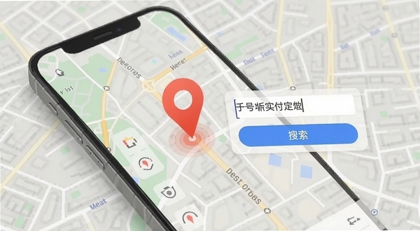 手机号免费实时定位功能演示图,画面展示一部手机屏幕内地图界面,地图上有一个醒目的定位标记点,旁边有手机号码输入框与搜索按钮,背景为城市街道地图纹理,整体风格简洁现代,突出号码关联定位的便捷性