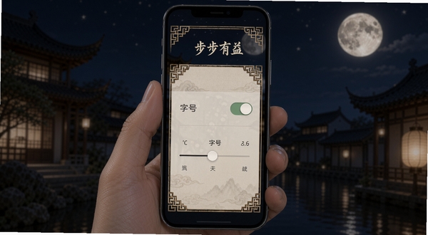 步步有益 设置界面 手机屏幕展示 夜间模式开关 字号调节滑块 古风边框 简洁实用