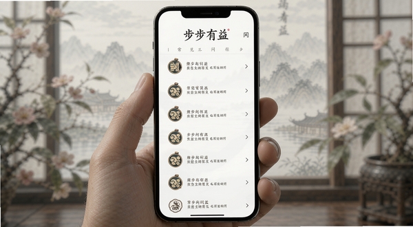 步步有益 问答界面 手机屏幕展示 常见问题列表 古风图标 简洁排版