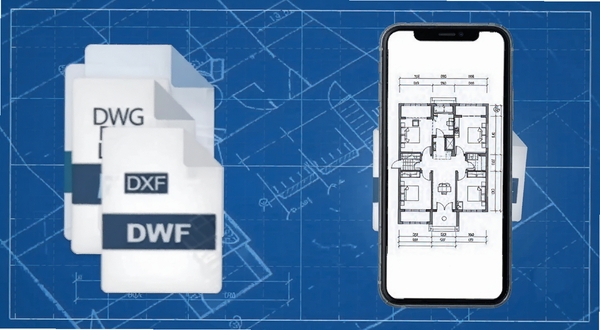 CAD Agent多格式兼容示意图,画面左侧堆叠DWG、DXF、DWF文件图标,右侧展示手机屏幕上清晰呈现的CAD建筑平面图,背景为简洁的工程蓝图纸纹理