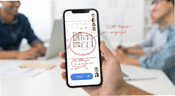 CAD Agent批注协作场景,手机屏幕上CAD图纸带有红色批注圈和文字说明,旁边有分享按钮和联系人头像,整体色调明亮清新,体现团队协作氛围