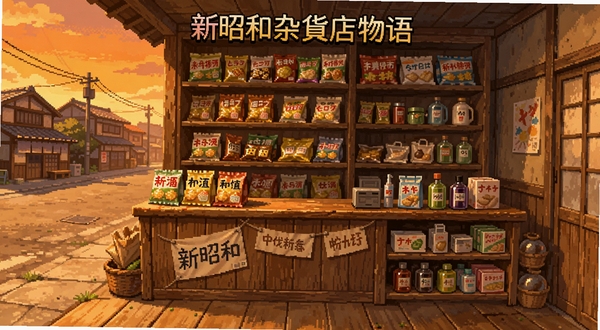 新昭和杂货店物语游戏主界面全景,画面中央是木质杂货店柜台,货架上摆满昭和风格零食与日用品,背景为夕阳下的小镇街道,暖黄色调,像素艺术风格,细节丰富,适配Boogu模型生成