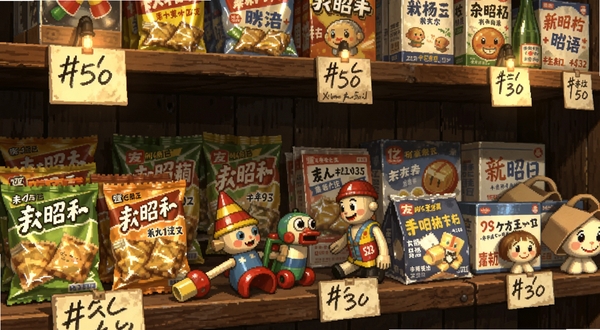 新昭和杂货店物语货架陈列特写,木质货架上整齐摆放着昭和时代零食、玩具和日用品,每件商品带有手写价格标签,暖色灯光,像素画风,细节精致