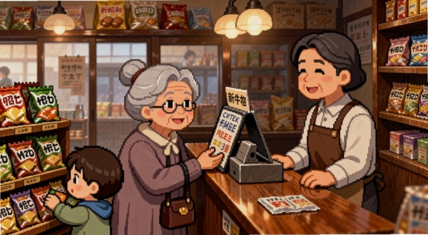 新昭和杂货店物语顾客互动场景,一位老奶奶顾客在柜台前与店主交谈,旁边有小孩在挑选零食,背景是杂货店内部,温暖光线,像素风格,表情生动
