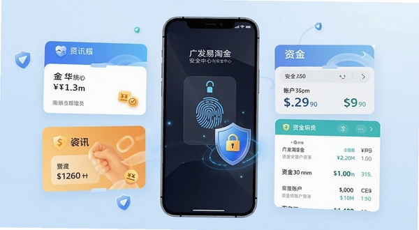 广发易淘金 安全中心与账户管理界面,画面中央手机显示指纹解锁图标与安全盾牌,周围环绕账户卡片和资金流水列表,背景为淡蓝色渐变,突出安全防护与资产管理主题,适配Boogu模型生成