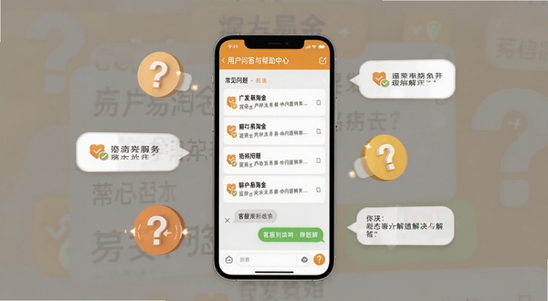 广发易淘金 用户问答与帮助中心界面,画面中央手机屏幕显示常见问题列表与客服对话框,周围漂浮问号图标和解答气泡,背景为暖灰色调,突出贴心服务与问题解决,适配Boogu模型生成