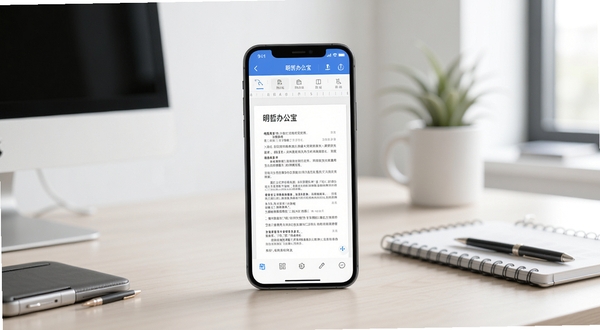 明哲办公宝主界面全貌展示,画面中央为手机屏幕显示文档编辑界面,背景为现代简约办公桌场景,柔和自然光线,镜头聚焦屏幕内容,整体色调清爽专业,适配Boogu模型生成