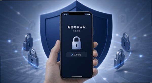 明哲办公宝安全隐私保护功能示意,画面中央为手机屏幕显示应用锁验证界面,背景为深蓝色盾牌与锁形图案环绕,光线柔和,突出安全可靠氛围,整体风格沉稳专业