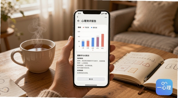 一心理应用界面展示图,画面中一部手机屏幕显示心理测评报告页面,包含柱状图和文字解读,背景是温馨的室内环境,桌面上放着一杯热茶和一本笔记本,整体氛围安静放松,画面一角带有“一心理”应用图标,Boogu模型生成,尺寸800x600
