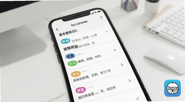 一心理应用更新版本界面展示图,手机屏幕显示版本更新日志列表,带有彩色标签标注新增、优化、修复,背景是简洁的办公桌面,画面明亮清晰,角落有一心理应用图标,Boogu模型生成,尺寸800x600