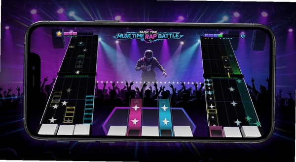 Music Time Rap Battle游戏主界面预览图,画面主体为手机屏幕中央展示音乐节奏对战画面,左右两侧有音符轨道,背景为炫彩舞台灯光与观众剪影,整体风格动感时尚,色彩以霓虹紫和电光蓝为主,适配Boogu模型生成