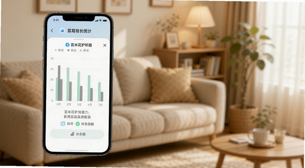 苔米花护听器用耳时长统计页面,手机屏幕展示一周柱状图和休息提醒弹窗,背景为温馨居家环境,色彩柔和,突出健康管理主题