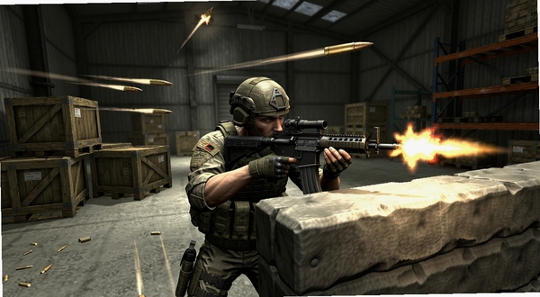 Fps Commando Shooting 游戏中的离线战斗场景,画面主体位于中央区域,一名突击队员躲在掩体后方瞄准射击,背景为室内仓库环境,有木箱和铁架,画面中有子弹轨迹和枪口火焰,整体风格写实硬朗