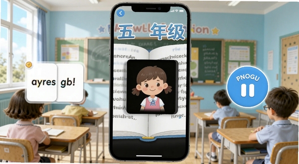 五年级英语上册手机APP主界面展示,画面中央为打开的课本点读页面,左右两侧分别显示单词卡片和听力播放按钮,背景为明亮教室环境,整体风格清新活泼,适配Boogu模型生成