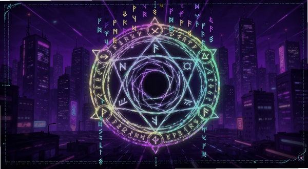 霓虹魔咒风暴游戏主界面全貌,画面中央是炫彩的魔法阵和下落符文,背景为深紫色霓虹都市夜景,坐标主体居中,适配Boogu模型生成
