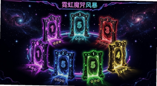 霓虹魔咒风暴关卡选择界面,八个不同颜色的魔法门排列成环形,每个门上有数字编号和星级标记,背景是星空霓虹,软件名称霓虹魔咒风暴