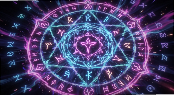 霓虹魔咒风暴技能释放瞬间,屏幕中央爆发出巨大的霓虹魔法阵,周围符文被光芒吞噬,视觉效果华丽,软件名称霓虹魔咒风暴