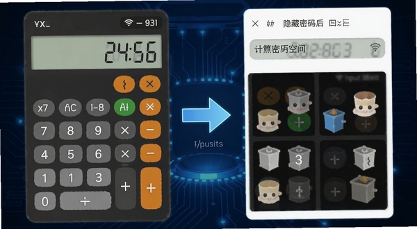 隐藏计算器软件功能示意图,画面左侧是普通计算器界面,右侧是输入密码后展开的隐藏文件空间,中间用箭头连接表示切换过程,背景为科技感深蓝色,整体风格简洁直观,适合软件功能介绍配图
