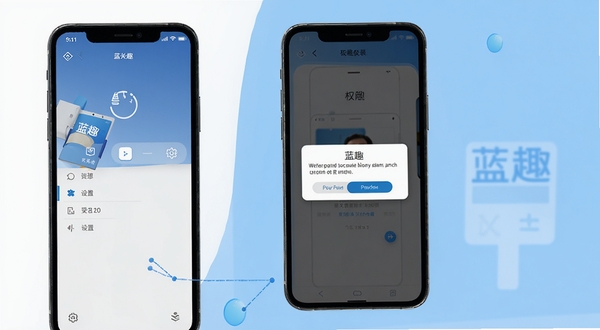 蓝趣安装与权限设置操作示意图,手机屏幕显示蓝趣安装界面与权限弹窗,画面左侧为设置菜单图标,背景为简洁的白色与浅蓝配色,整体风格清晰直观