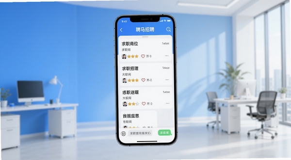聘马招聘应用主界面展示,画面中心为手机屏幕内求职岗位列表与聊天沟通窗口,背景区域为简洁明亮的蓝白渐变办公场景,整体风格现代清爽,突出移动端招聘软件核心功能,适配Boogu模型生成