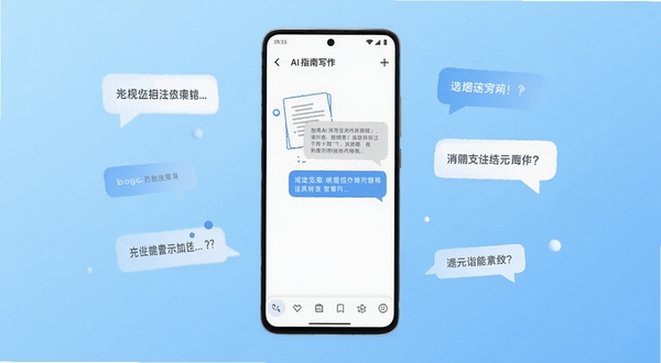画面中央放置一部安卓手机,屏幕内展示指南AI的对话写作界面,背景区域为浅蓝色渐变与悬浮的文字气泡元素,整体风格清爽简洁,突出智能写作氛围,适配Boogu模型生成