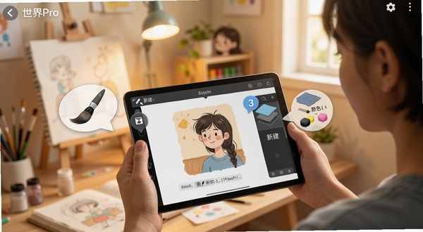 画世界Pro新手引导界面截图,画面展示一个手持平板电脑的用户正在跟随屏幕上的步骤提示学习图层操作,界面中标注了笔刷选择、图层新建、颜色调整等引导气泡,背景为温馨的室内绘画角,整体色调明亮柔和,突出易学易用的产品特点