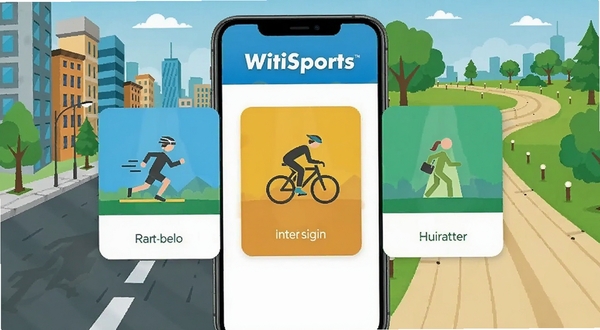 WitiSports 多模式运动记录界面,画面展示手机屏幕中跑步、骑行、健走三种模式选择卡片,每张卡片带有对应运动图标,背景是城市街道与公园小径的融合场景,明亮色调,扁平插画风格,突出应用名称 WitiSports