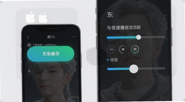 东梨短剧离线缓存与倍速播放功能示意图,画面主体是手机屏幕显示下载进度条和倍速调节滑块,背景区域为浅灰色,突出缓存按钮和速度选项