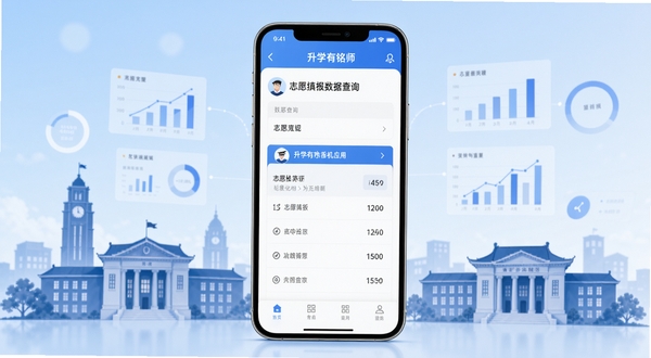 升学有铭师手机应用主界面展示,画面中央为手机屏幕,屏幕上显示志愿填报数据查询页面,背景为浅蓝色渐变,周围环绕高校建筑剪影与数据图表元素,整体风格简洁专业