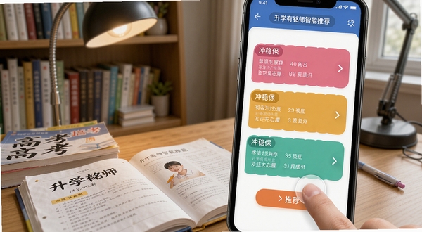 升学有铭师智能推荐功能界面,手机屏幕显示冲稳保三档志愿列表,每档用不同颜色标签区分,屏幕上手指点击推荐按钮,背景为书房环境,桌上放着高考资料