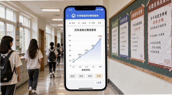升学有铭师分数线查询界面,手机屏幕显示折线图展示历年录取分数变化,背景为教室走廊场景,墙上贴着大学录取榜单
