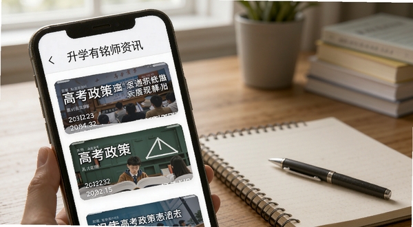 升学有铭师资讯页面,手机屏幕显示多张资讯卡片,卡片上有高考政策标题和日期,背景为书桌场景,桌上放着笔记本和笔
