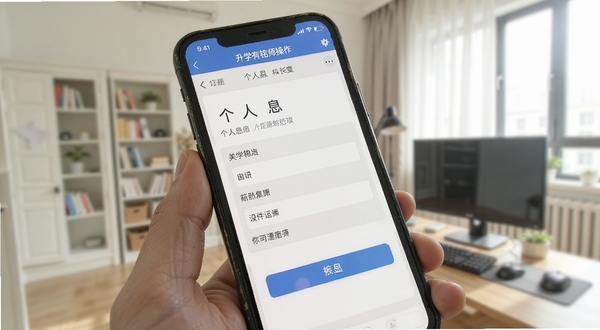 升学有铭师操作界面截图,手机屏幕显示个人信息填写页面,背景为室内环境,光线明亮