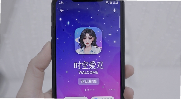 时空爱豆安卓应用主界面展示,手机屏幕中央显示应用图标与欢迎页面,背景为蓝紫渐变星空风格,画面明亮清新,符合移动端应用商店预览图风格,主体位于画面中心,背景简洁不杂乱