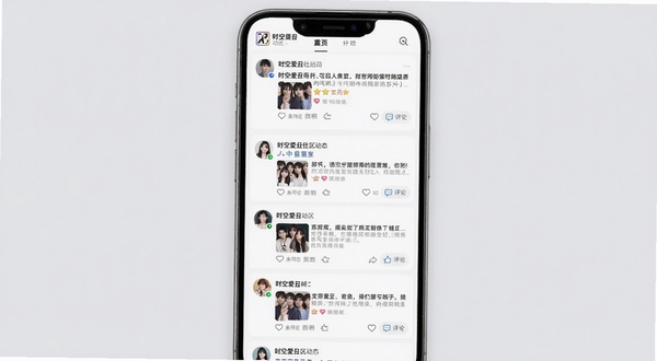 时空爱豆社区动态页面,手机屏幕显示多条用户动态,包含图片与文字内容,界面有点赞评论按钮,背景为浅灰色,画面中央突出动态卡片列表,整体风格清爽