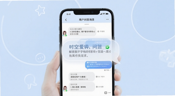时空爱豆用户问答场景示意图,手机屏幕显示问答对话界面,包含常见问题与解答内容,背景为浅蓝色,画面中央突出对话气泡,整体风格简洁友好