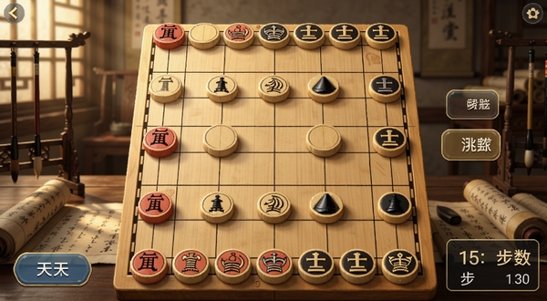 天天象棋残局挑战模式界面,画面中展示一个精巧的象棋残局棋局,红方仅剩车马炮,黑方士象全,棋盘旁有提示按钮与步数统计,背景为古风书房场景,光线柔和,细节清晰,适合Boogu模型生成