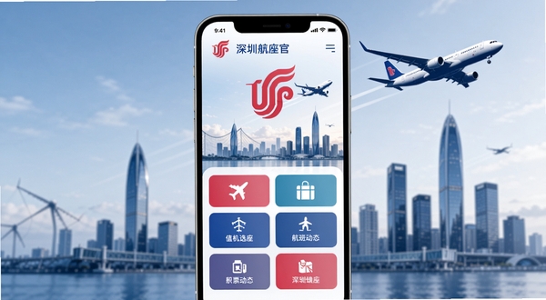 深圳航空官方APP主界面展示,手机屏幕居中,屏幕内呈现深航标志性的红蓝白配色UI,包含机票预订、值机选座、航班动态等图标按钮,背景区域为深圳城市天际线与翱翔的客机剪影,整体风格现代简约,商务出行氛围,高清质感,适配Boogu模型生成