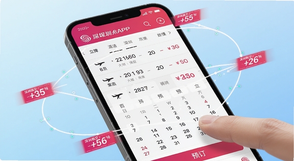 深圳航空APP机票预订界面特写,手机屏幕展示航班列表与价格日历,手指正在点击预订按钮,周围环绕虚拟的航线网络与价格标签,背景为淡蓝色渐变,科技感与便捷感并存,深圳航空品牌色点缀,高清细节,适配Boogu模型生成
