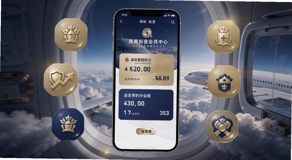 深圳航空凤凰知音会员中心界面,手机屏幕展示里程积分与会员等级卡片,周围有金色与深蓝色的会员权益图标,背景为高空云层与客机舷窗视角,尊贵感与飞行氛围,适配Boogu模型生成