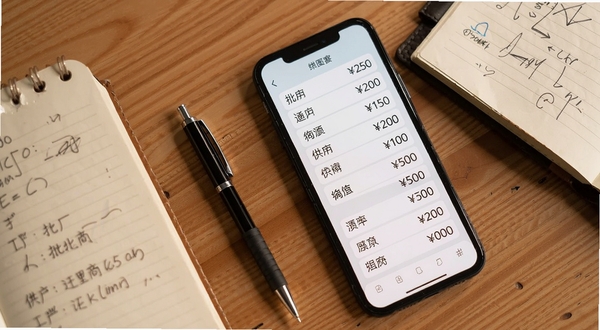 批发工厂采购进货供应商报价对比界面,手机屏幕中显示多行供应商名称与价格数字,画面以俯视角度拍摄,手机旁放着一支笔和一本翻开的进货笔记本,背景为木质桌面,色调温暖,突出采购场景的真实感